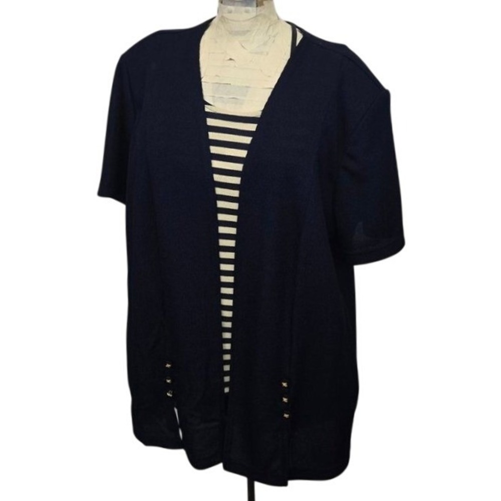 Vtg Vany New York Top Womens 18 Plus Navy Striped Mock Twinset USA Made Nautical
